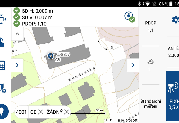 FieldGenius pro Android - měření s tabletem na šířku, podklad WMS ZABAGED